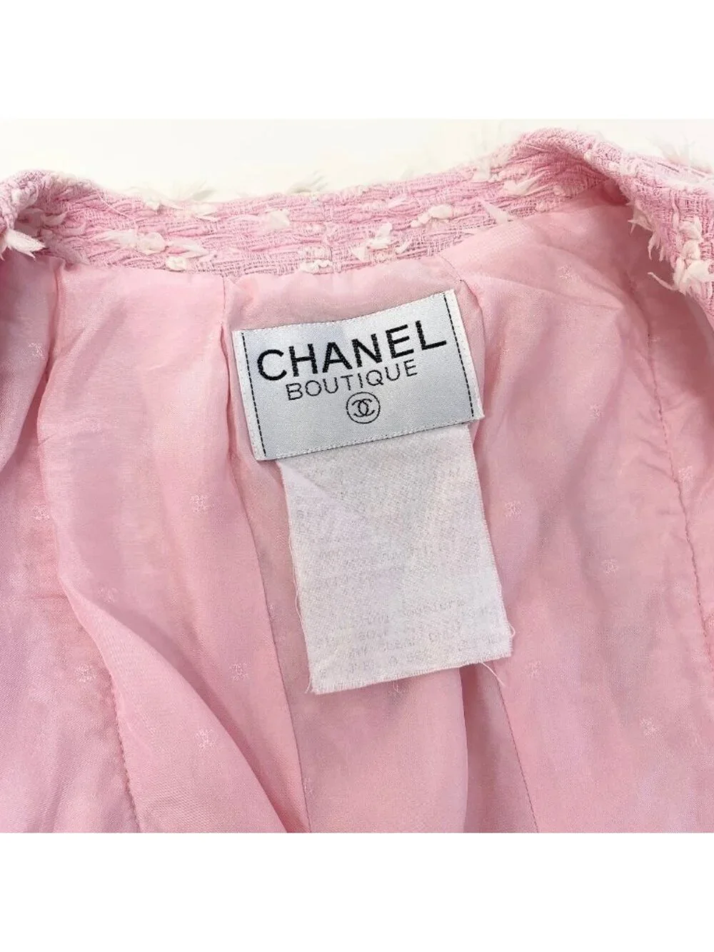Chanel Boutique Fancy Tweed Jacket Pockets CC Logo Mirror Button Pink